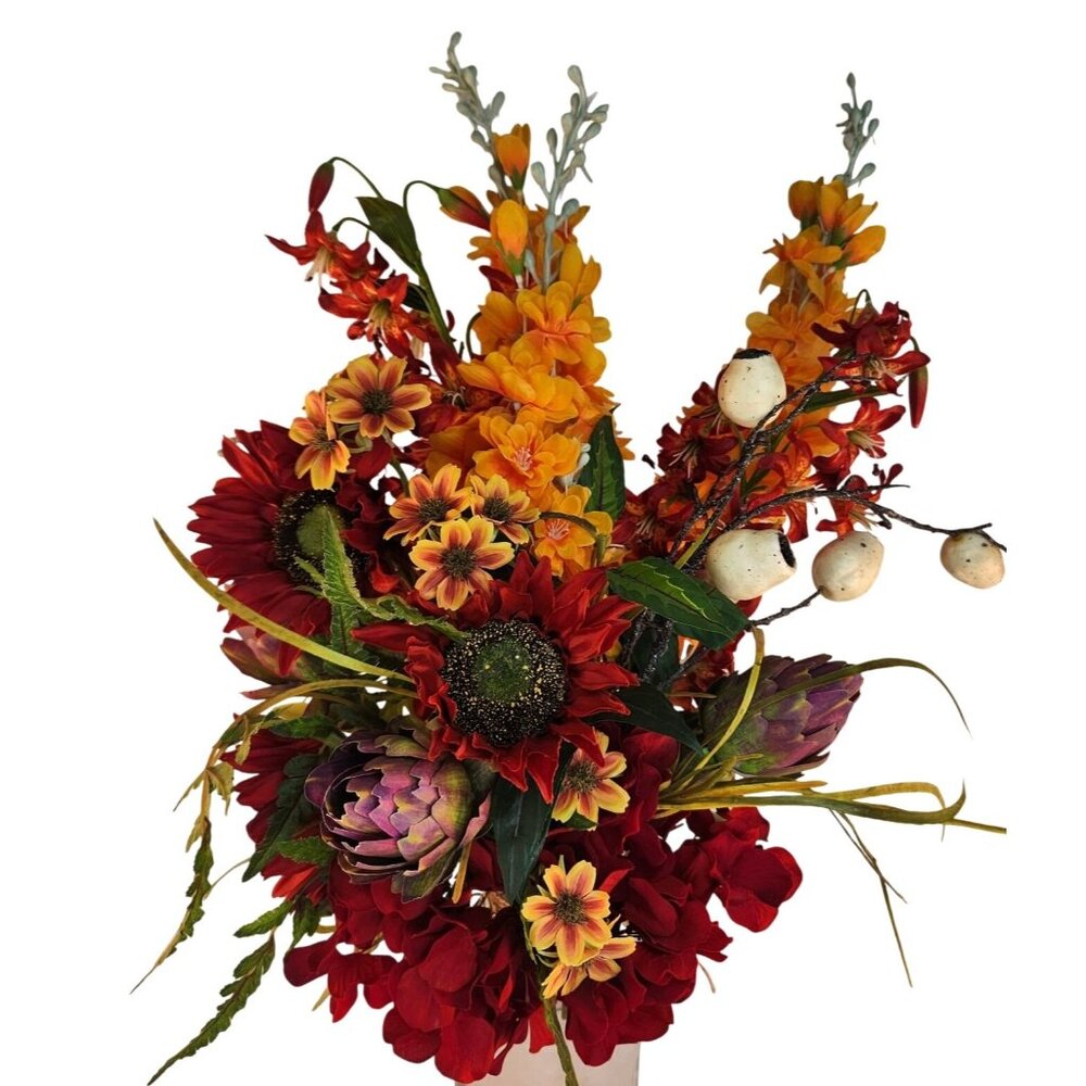 Artificial Floral Arrangement Bouquet - Fall Colors Red Yellow & Textured Accent